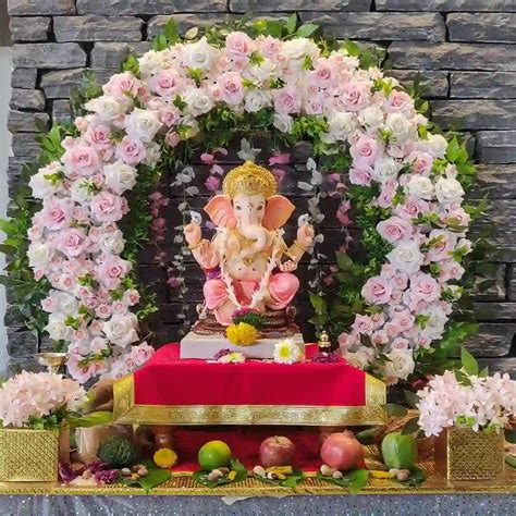 Elegant Pink Ganpati Puja Decor | Ganesh Chaturthi Decoration in ...