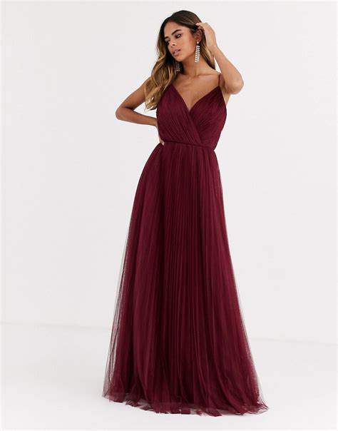 ASOS DESIGN Fuller Bust cami pleat tulle maxi dress in red | ASOS | Dark red bridesmaid dresses ...