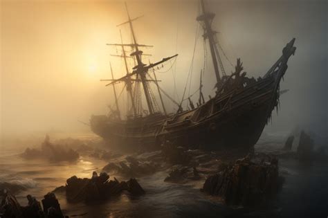 Premium AI Image | Haunted shipwreck emerging from a foggy sea Halloween horror background