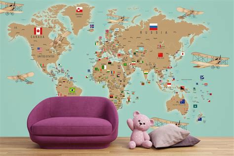 World Map With Flags Kids Wallpaper - Magic Decor