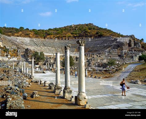 The Theatre and Harbour Street at Ephesus on the South Aegean coast of ...