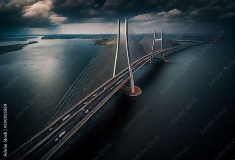 Aerial view of the Russky Bridge from Vladivostok city to Russky Island ...