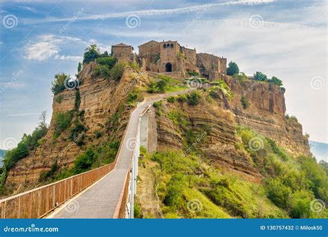 View at the Civita Di Bagnoregio with Bridge Over Tiber River Valley - Italy Stock Photo - Image ...