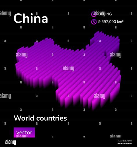China 3D map. Stylized striped vector isometric neon Map of China is in violet and pink colors ...