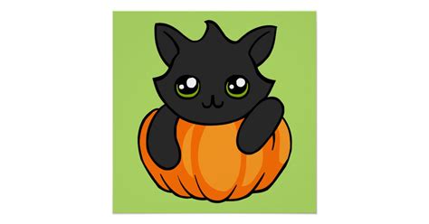 Cute Black Cat Pumpkin Drawing Halloween Poster | Zazzle