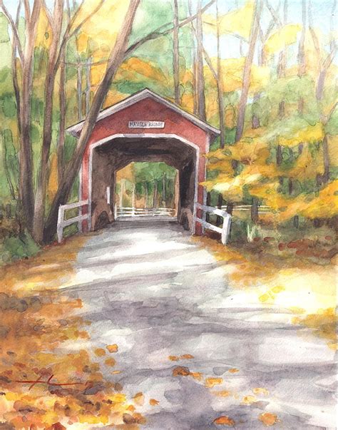 Covered Bridge Autumn Shadows Watercolor Painting Drawing by Mike Theuer