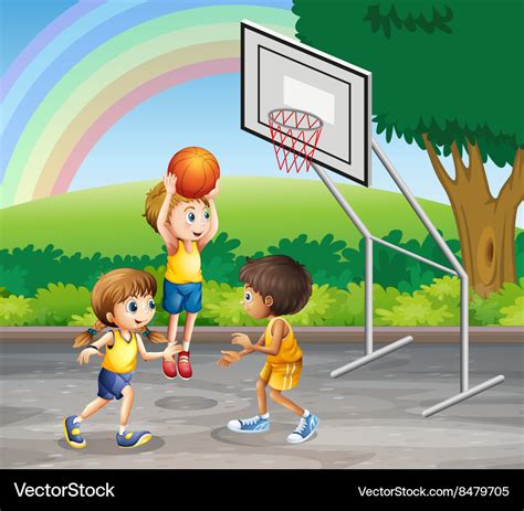 Three children playing basketball at the court Vector Image