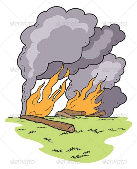 Vector art of wild fire, grass, heavy smoke, burning logs, wind blowing the smoke. Educational ...