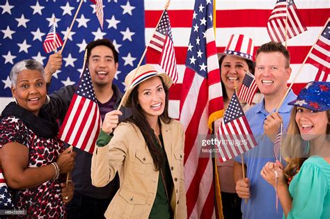 Multiethnic Group American People At Political Rally Usa Flags Voting ...