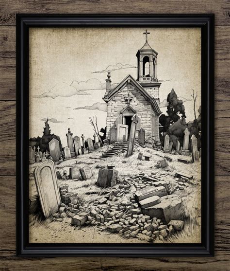 Gothic Graveyard Wall Art, Printable Church Cemetery, Old Graveyard, Broken Gravestones ...