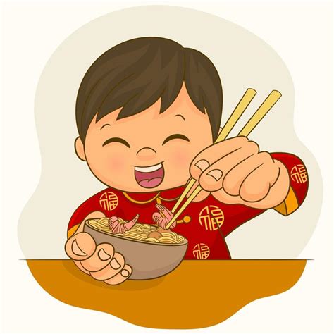 Boy in chinese attire eating a bowl of ramen noodles 2242745 Vector Art at Vecteezy