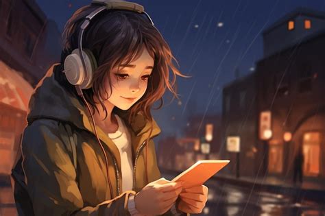 Premium Photo | Anime girl in headphones looking at her phone in the rain generative ai