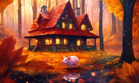 Lexica - One Cartoon style anthropoid piglet infant of the brick house in the magical rainy ...