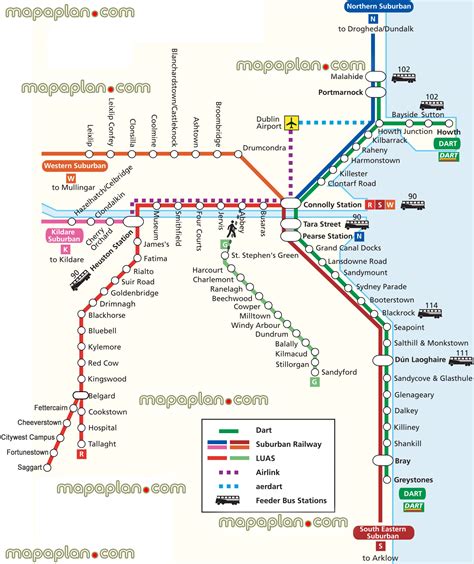 Dublin top tourist attractions map - Map of DART & LUAS public transportation - Railway stations ...