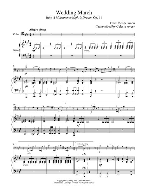 Wedding March by Felix Mendelssohn Sheet Music for Cello and Piano at Sheet Music Direct