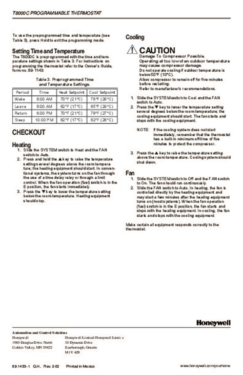 Honeywell T8000C Programmable Thermostat Installation Instructions