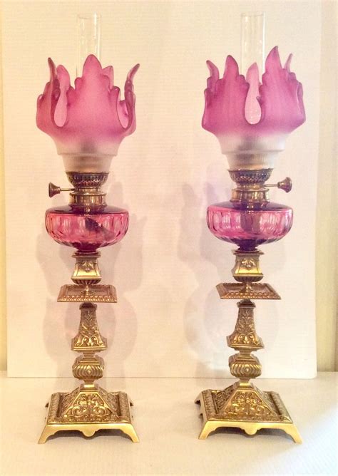 Stunning Matching Pair Of Original Antique Ruby Glass Oil Peg Lamps . | 515776 | Antique oil ...