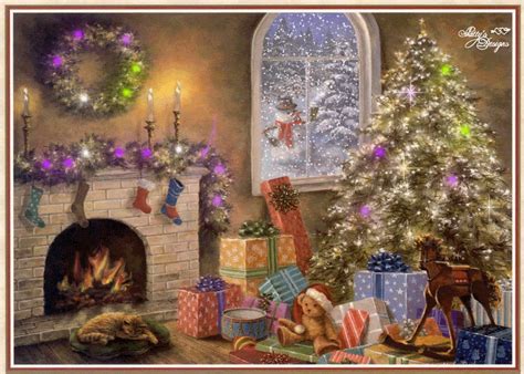 a painting of santa claus and his cat by the fireplace with christmas decorations around him