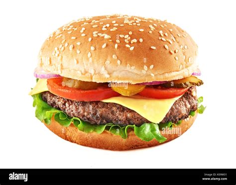 Classic cheeseburger isolated on white background. Front view Stock Photo - Alamy