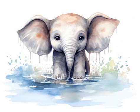 Watercolor of a Little Elephant Drinking Water. Stock Illustration ...