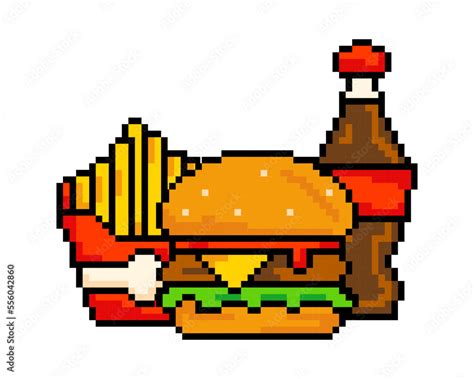 Set pixel fast food items: hamburger, french fries, and a drink. Vector ...