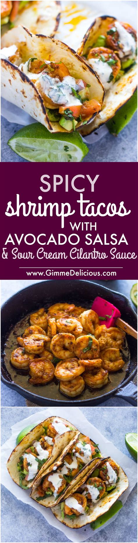 the cover of spicy shrimp tacos with avocado salsa and sour cream ...