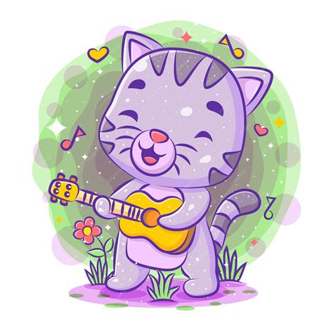 Premium Vector | Cute cat singing and playing guitar