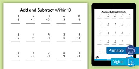 Add and Subtract Within 10 Worksheets | Twinkl USA - Twinkl