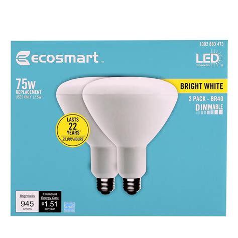 EcoSmart 75-Watt Equivalent BR40 Dimmable Energy Star LED Light Bulb Bright White (2-Pack ...