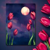 Red Tulips, Full Moon and Stars QR Code Wedding RSVP Card | Zazzle