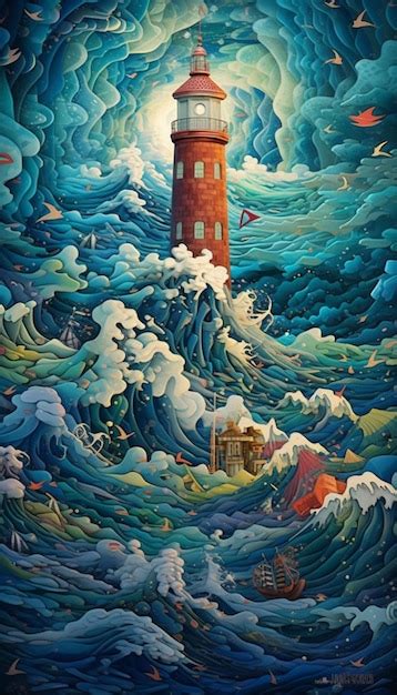 Premium AI Image | A painting of a lighthouse in the ocean