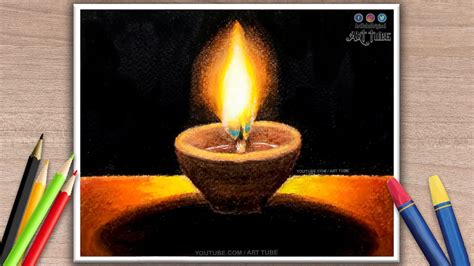 How to Draw Lamp | Easy Diya Drawing for Diwali, Navratri | Oil Pastel Realistic Diya Painting ...