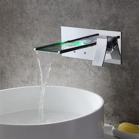 Koko Contemporary LED Wall-Mounted Polished Chrome Brass Waterfall Bathroom Sink Faucet