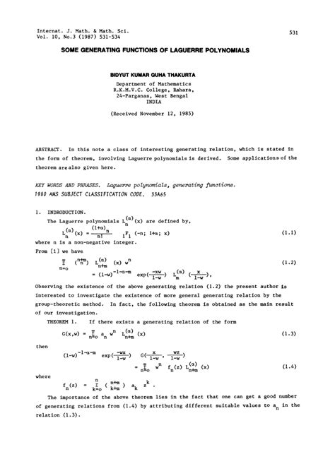 (PDF) Some Generating Functions of Laguerre Polynomials