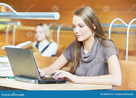 Young Student Girl Working with Laptop in Library Stock Image - Image of desk, enjoying: 28960715