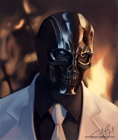 a painting of a man in a suit and tie with a skull mask on his face