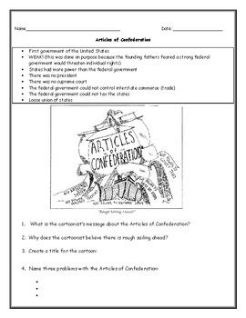 Articles of Confederation Political Cartoon Worksheet with Answer Key