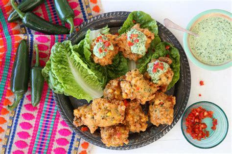 Spicy Corn Fritters with Coriander Jalapeño Cream | Wicked Hots