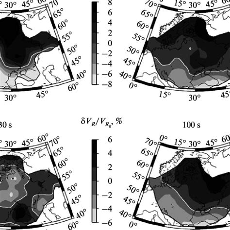 The maps showing the variations in the Rayleigh wave velocity. The ...