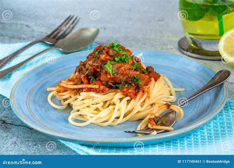 Spaghetti with Sardines in Tomato Sauce Stock Image - Image of lunch ...