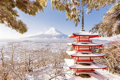 HD wallpaper: winter, mountain, Japan, pagoda, Fuji, snow, cold ...