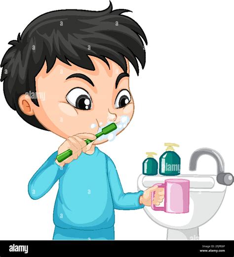 Cartoon character of aboy brushing teeth with water sink illustration ...