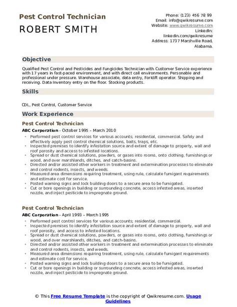 Pest Control Technician Resume Samples | QwikResume