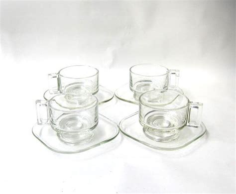 Vintage 1960s Italian Joe Columbo Clear Glass Cups and Saucers