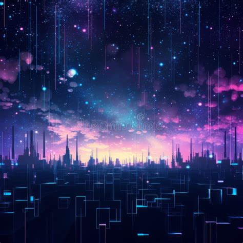 Futuristic City in the Night Sky with Stars Stock Illustration ...