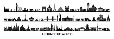 world famous landmarks silhouette style with black and white color design 5274098 Vector Art at ...