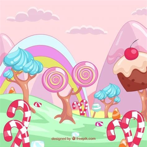 an animated candy land scene with trees and lollipops