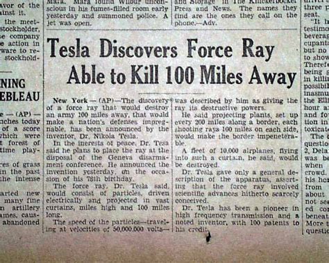 NIKOLA TESLA Death Ray ? Teleforce Charged Particle Beam Weapon 1934 ...