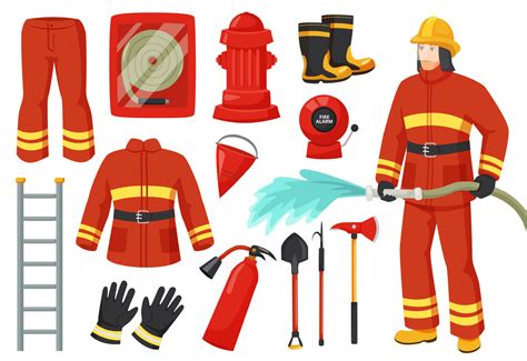 Cartoon firefighter character with fire fighting equipment and tools ...