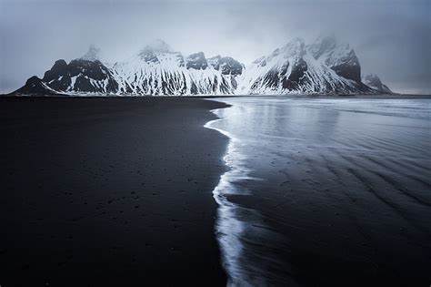 HD wallpaper: snow mountain range, landscape, mountains, sea, monochrome, black sand | Wallpaper ...